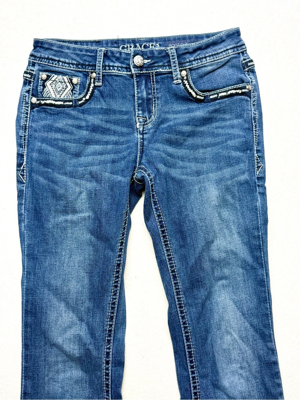 Grace in LA Medium Blue Bootcut Jeans with Beaded Pocket Accents - Picture 2 of 10